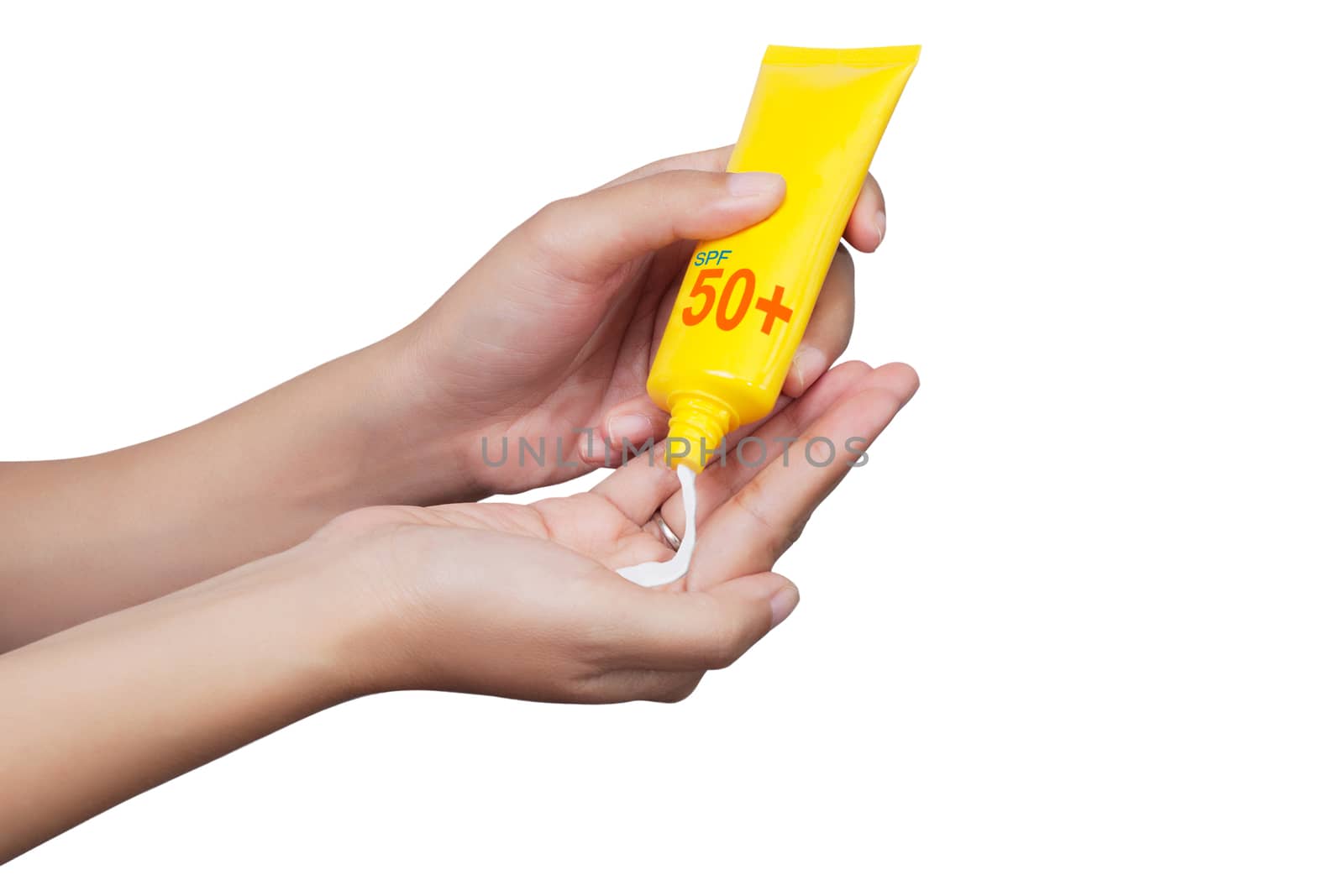 woman applying sunscreen on her hand isolated on white background with clipping path. SPF sunblock protection concept. Travel vacation