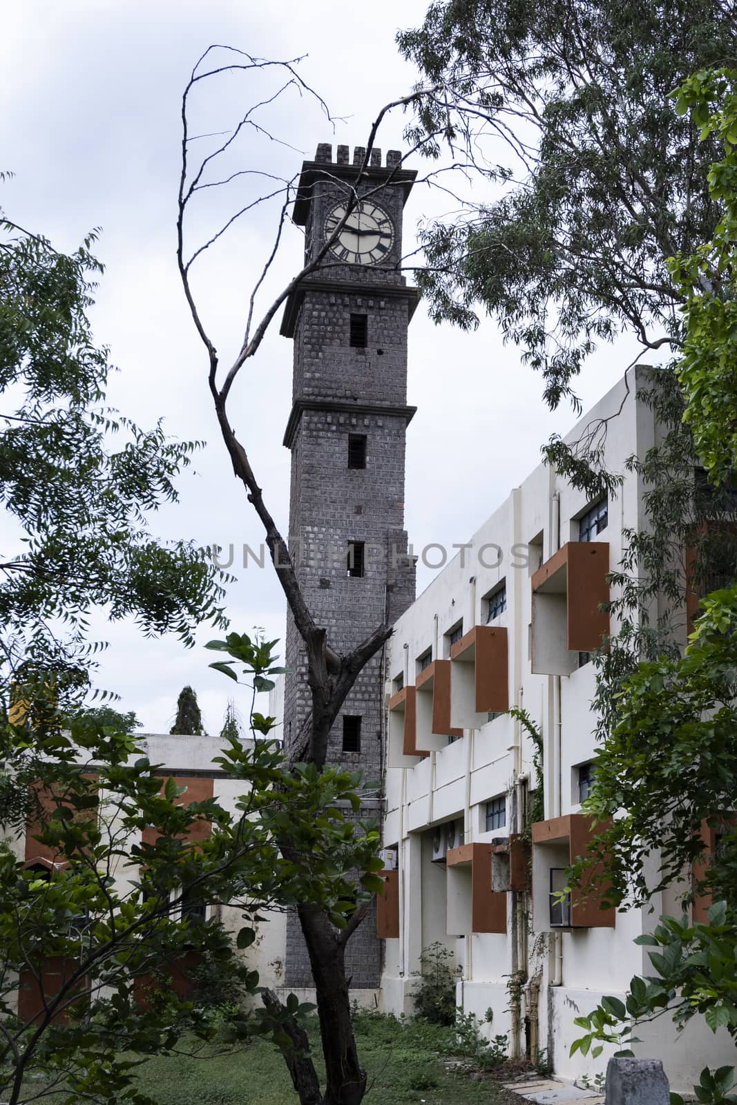 Kalaburagi, Karnataka/India-June 17 2020: clock tower of Gulbarga University Library established in 1980 a knowledge Center developed on modern Learning Resource Center