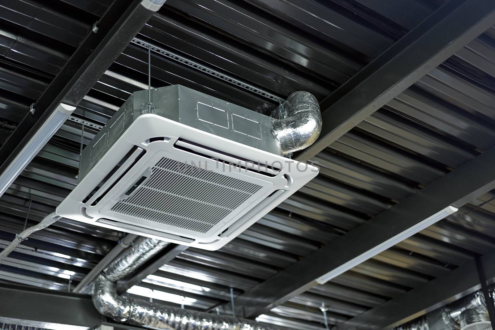 Air conditioning technology square conditioner ceiling building. Industrial background