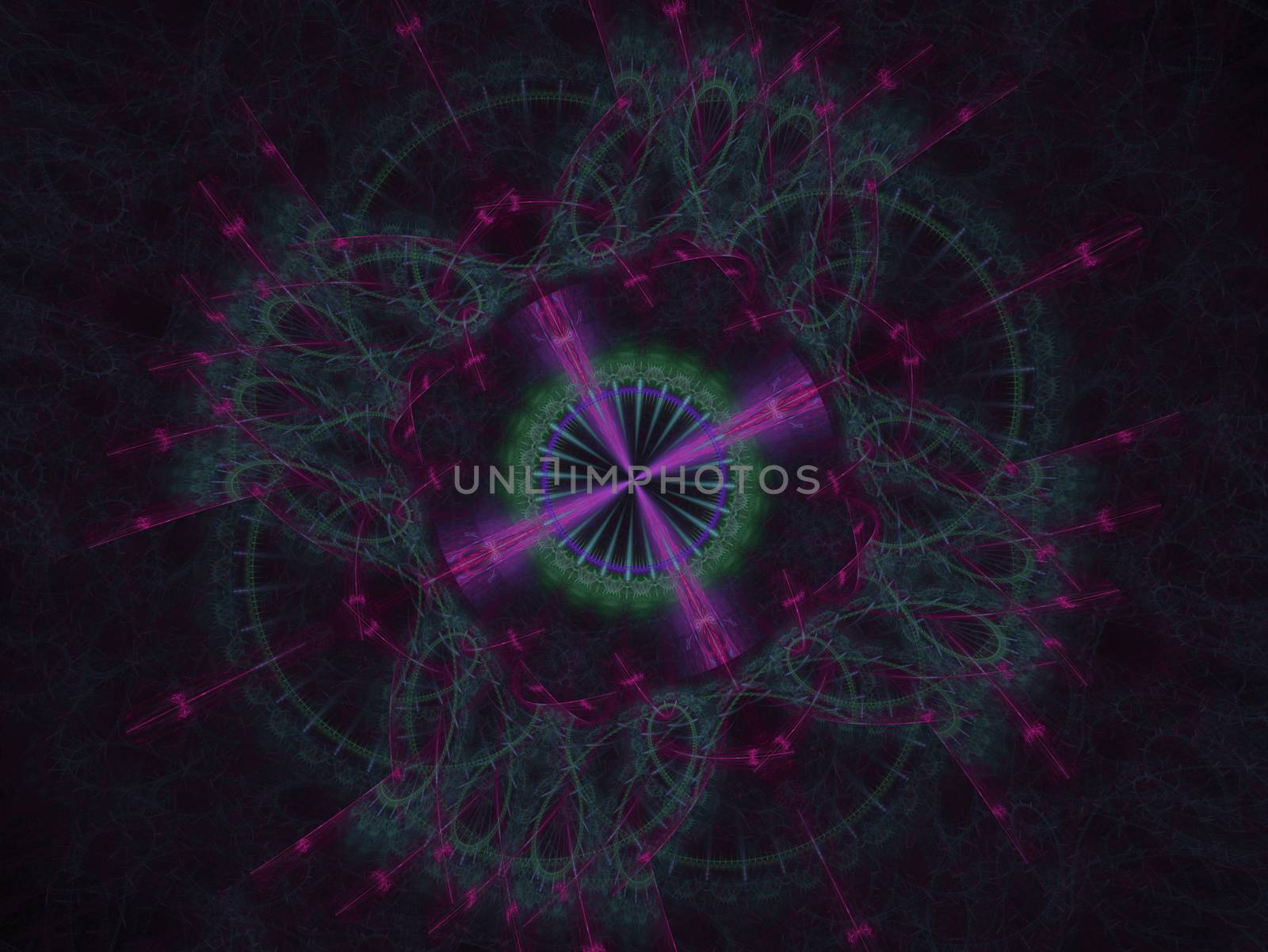 Cosmic geometry. Light phenomena in space. Flash and lightning in the languid air. Abstract fractal mandala illustration. The underlying processes in other galaxies.