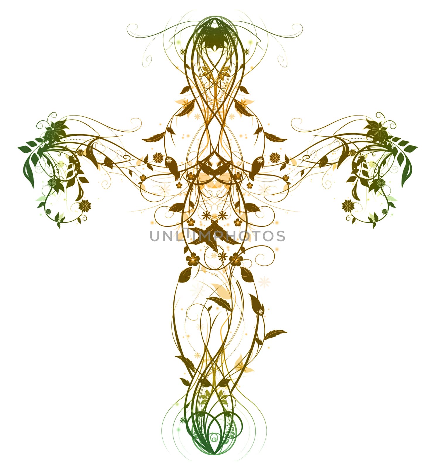 Green Floral Cross made with bevel and  emboss effect isolated on white
