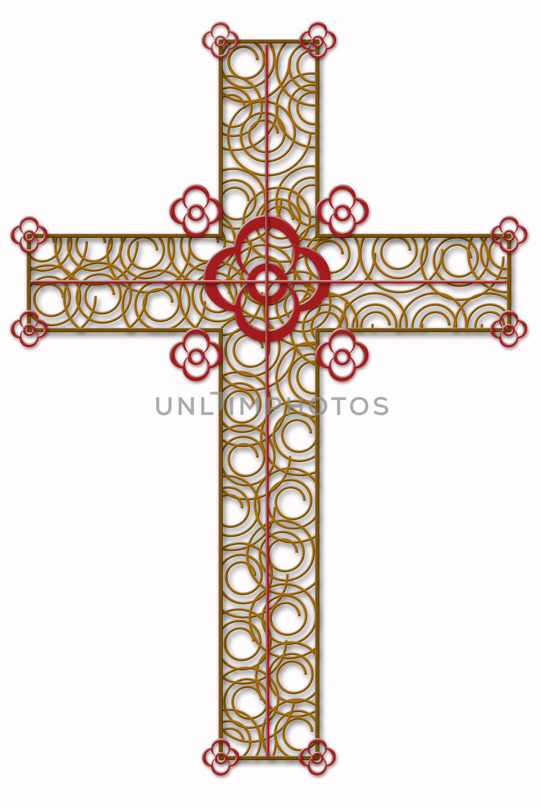 Golden  cross with red  element  against the wihte isolated background