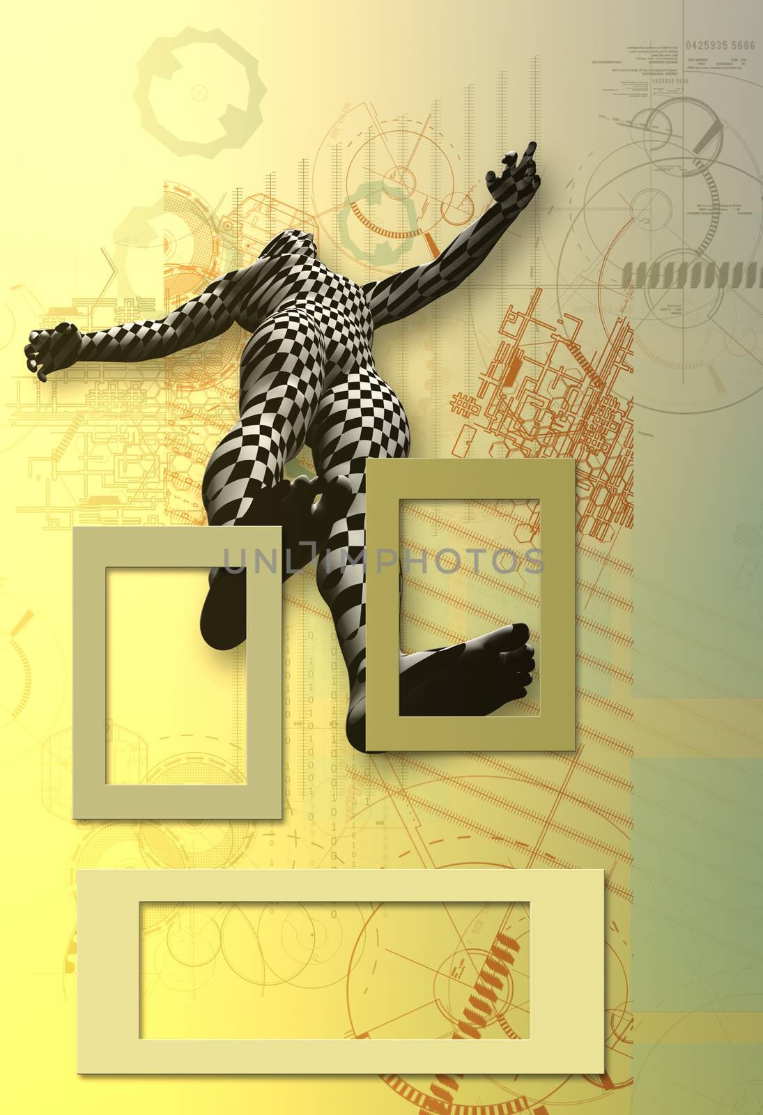 Checkered man on abstract drawing