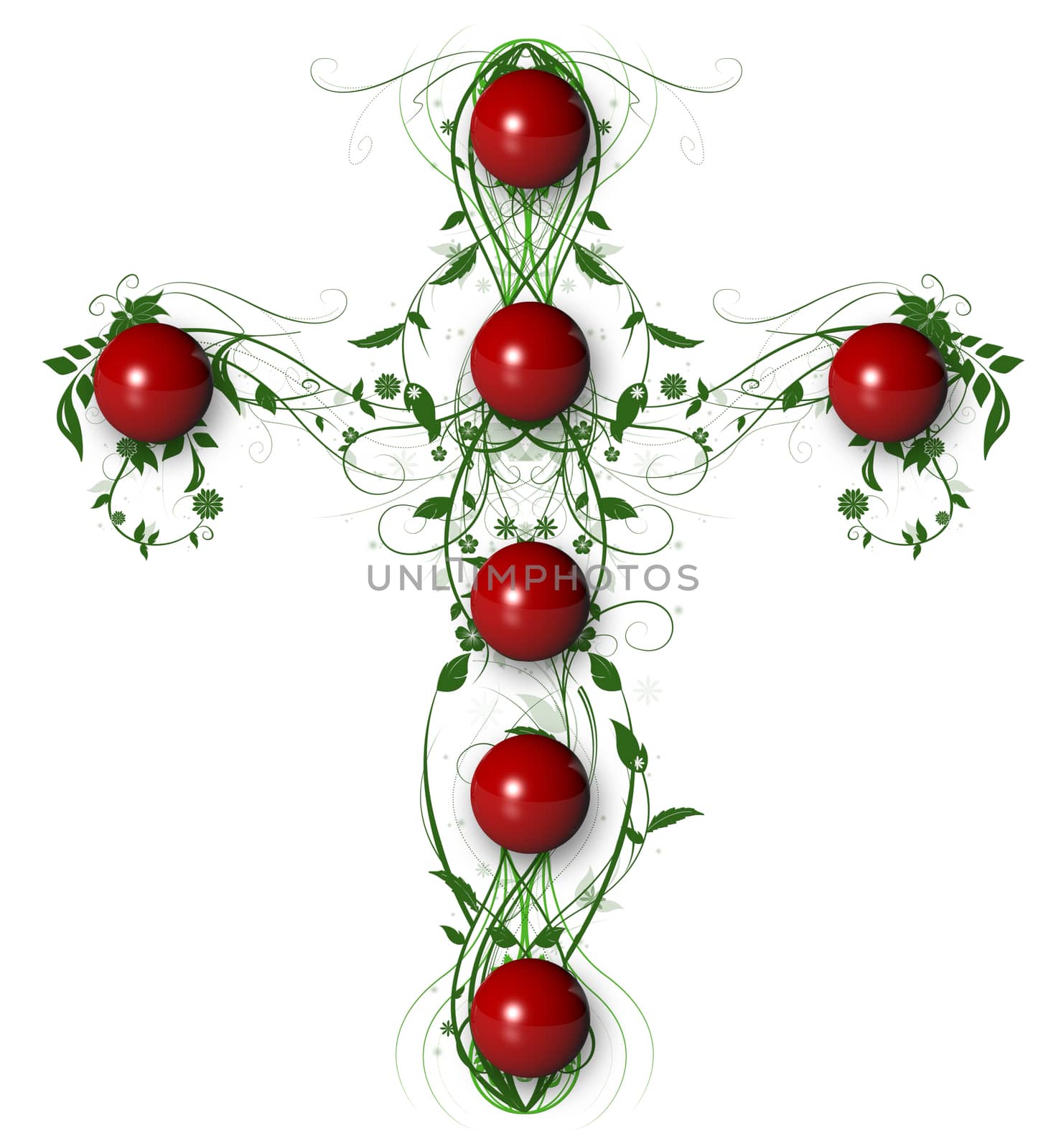 Green Floral Cross with red ball on white by vitanovski