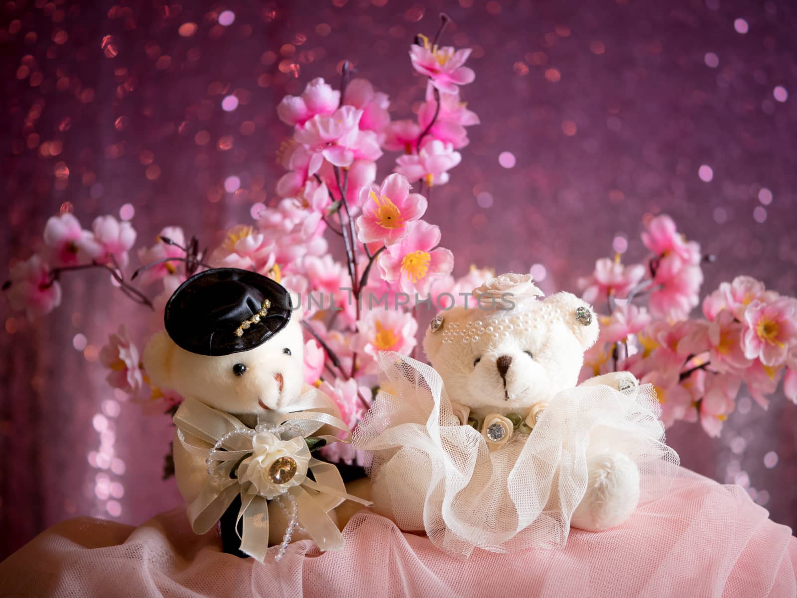 love concept : Couple Teddy Bears in wedding dress , valentine greeting card background