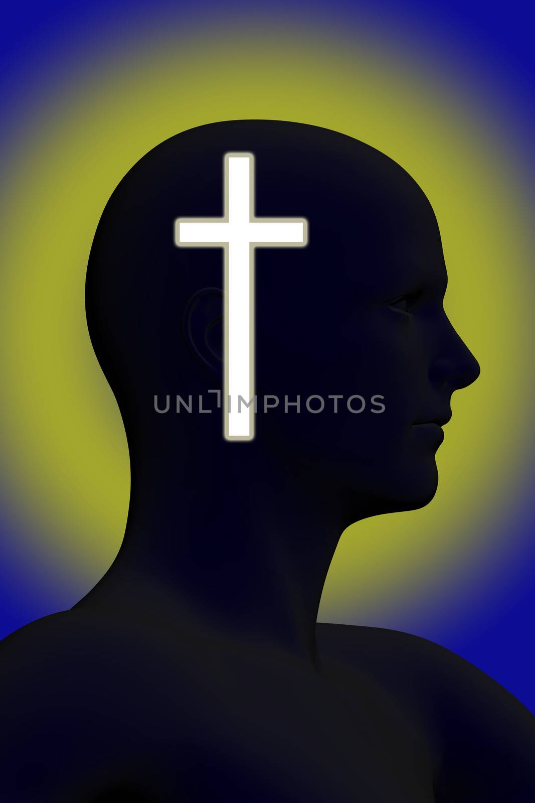 Silhouette of a mans head with glowing cross on it made in 3d software
