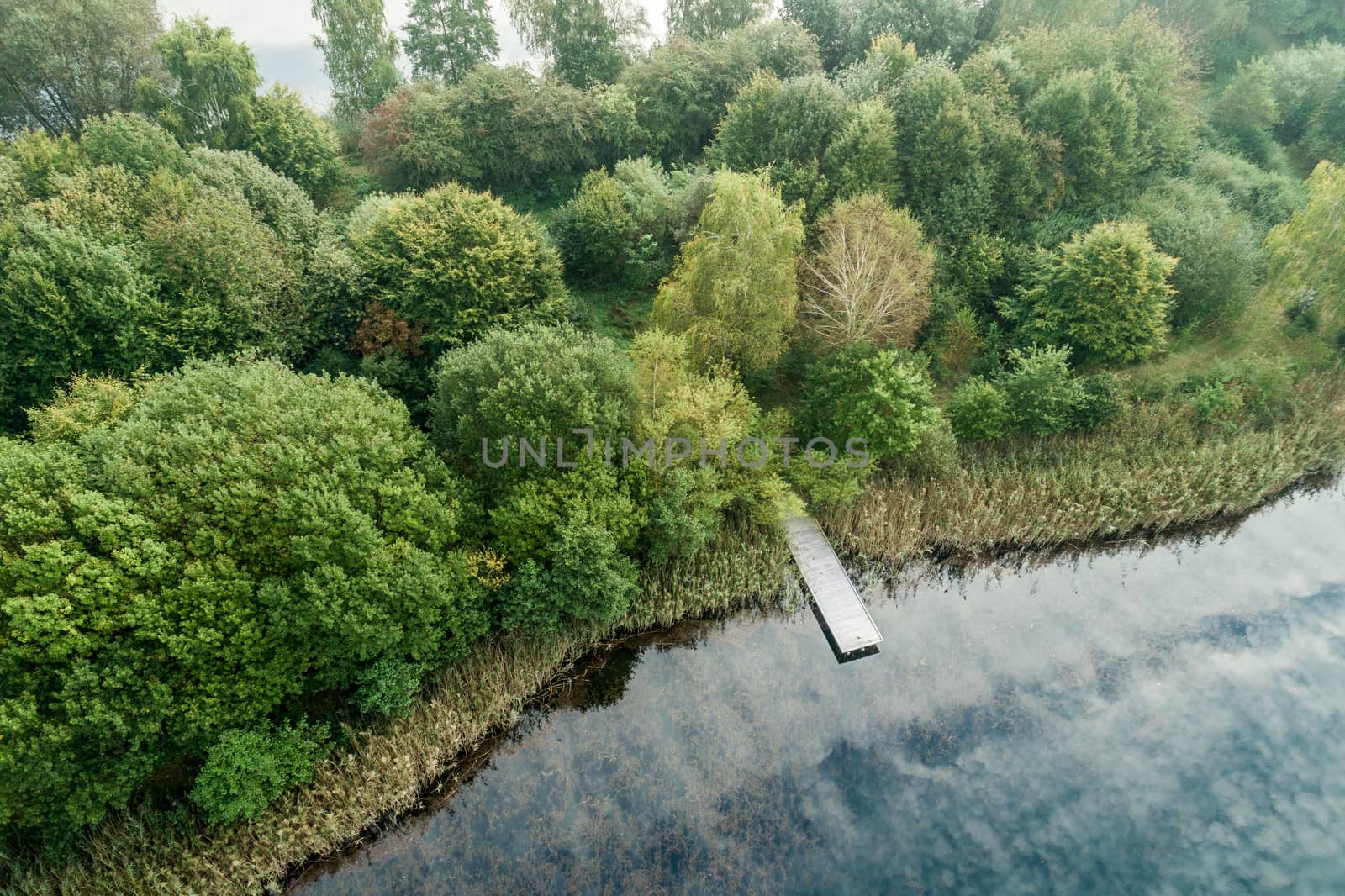 Photo taken from the air with the drone, fishing jetty at a pond with cloud reflections and a forest with green trees on the shore.