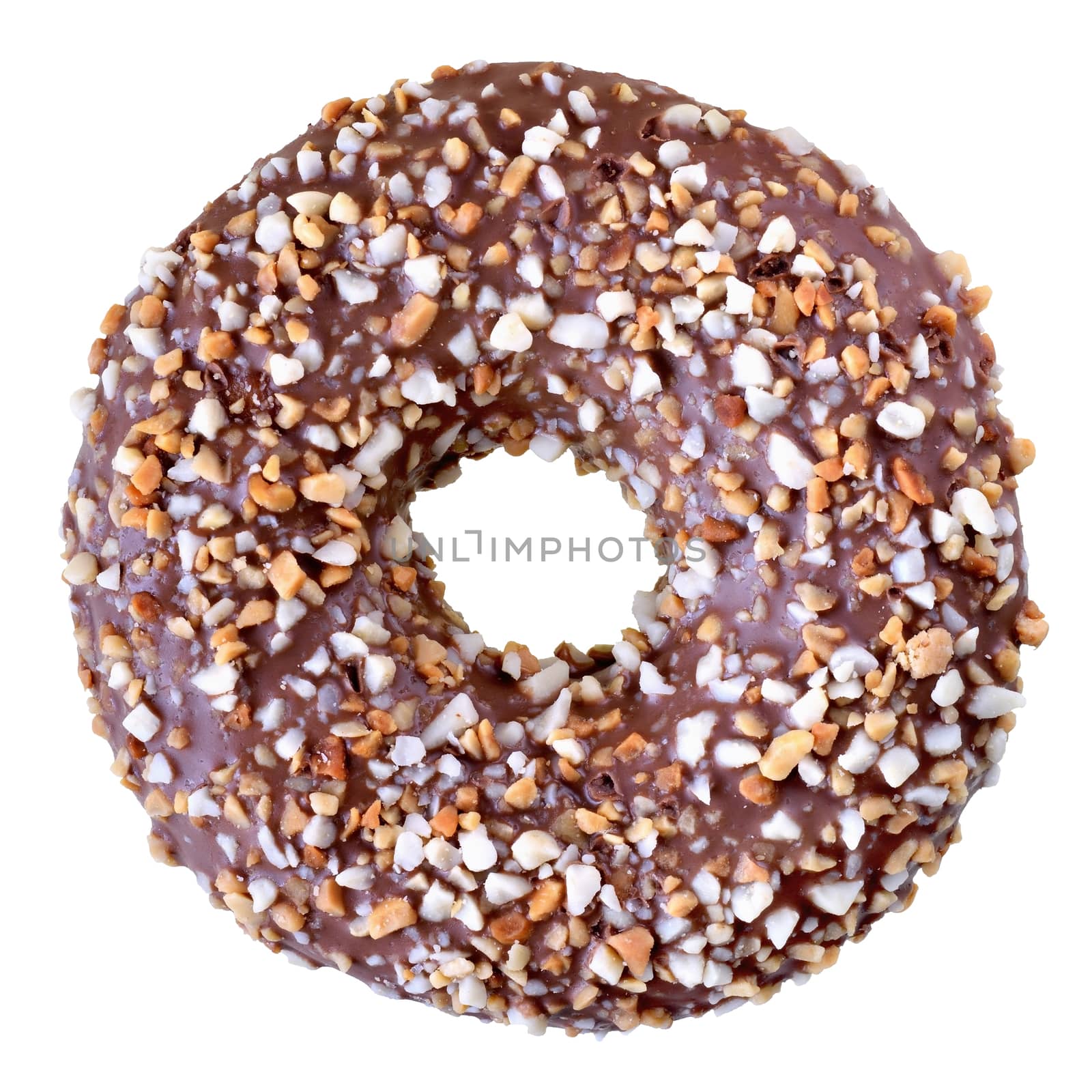 Chocolate glazed donut with nuts flakes isolated on white background top view