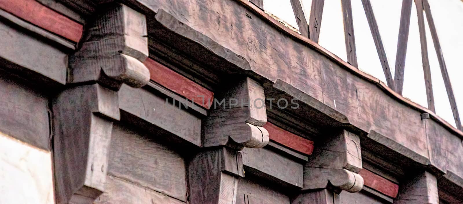 Partial view of a brown beam on a half-timbered house in Fallersleben, Germany