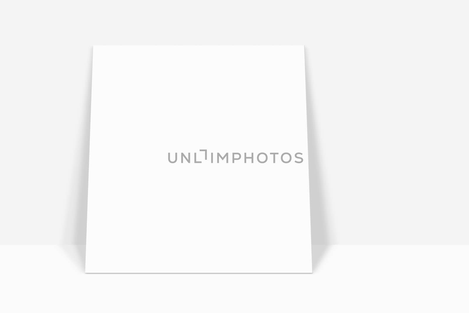 White paper square banner with drop shadow leaning with the white abstract wall background in empty room studio. gradient used for background with space for your text ,display picture of your product.