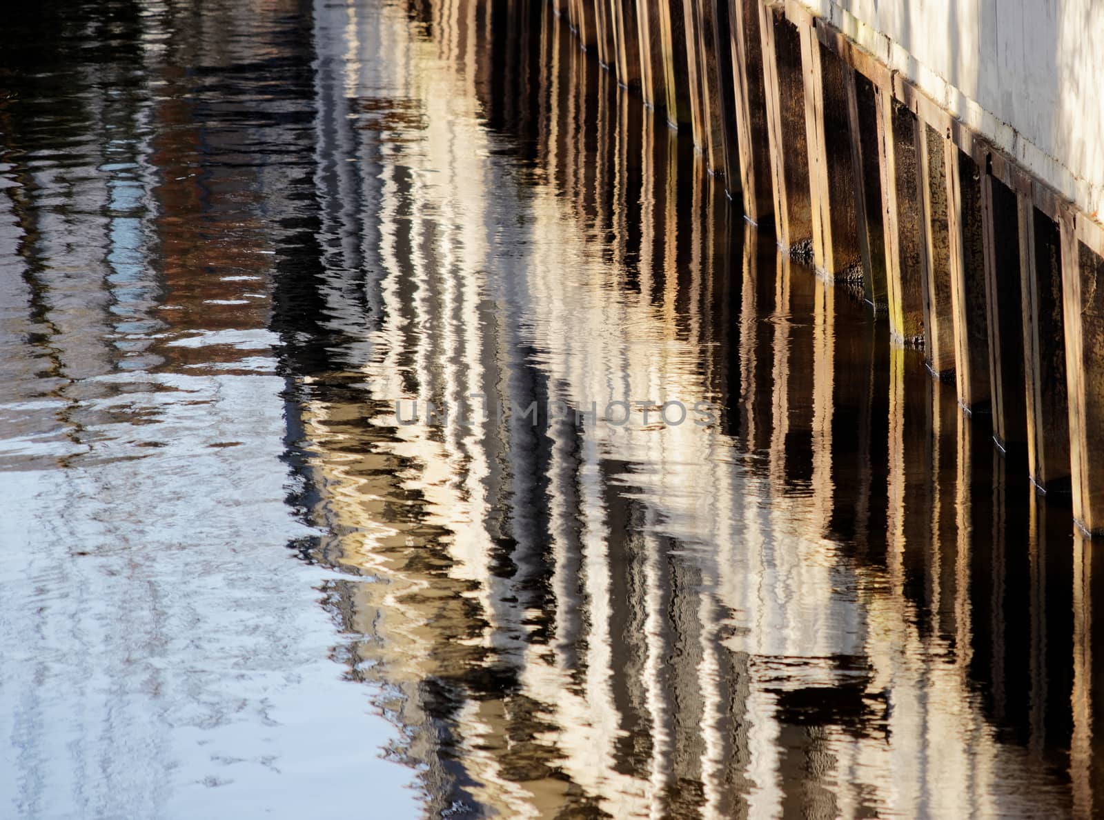 Water reflections of the sheet piling and commercial buildings in a quiet flowing river , Aller in Gifhorn, Germany