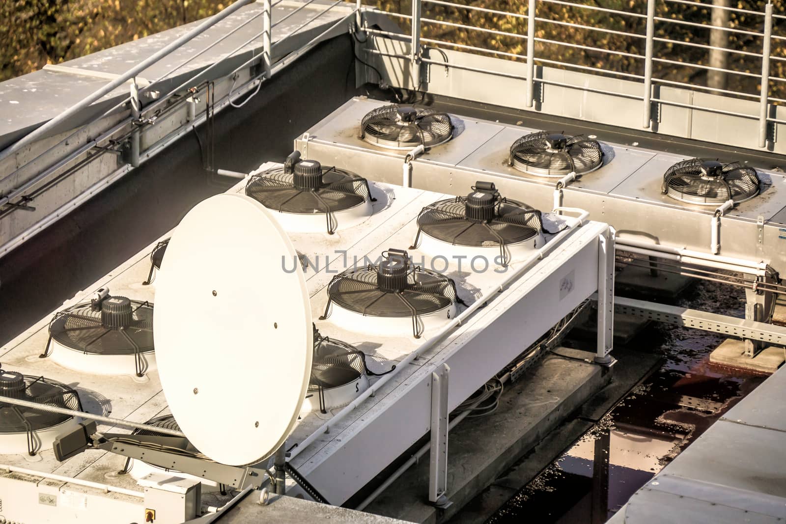 Fans for the air conditioning system of the Faculty of Mathematics at the University of Leipzig, satellite dish