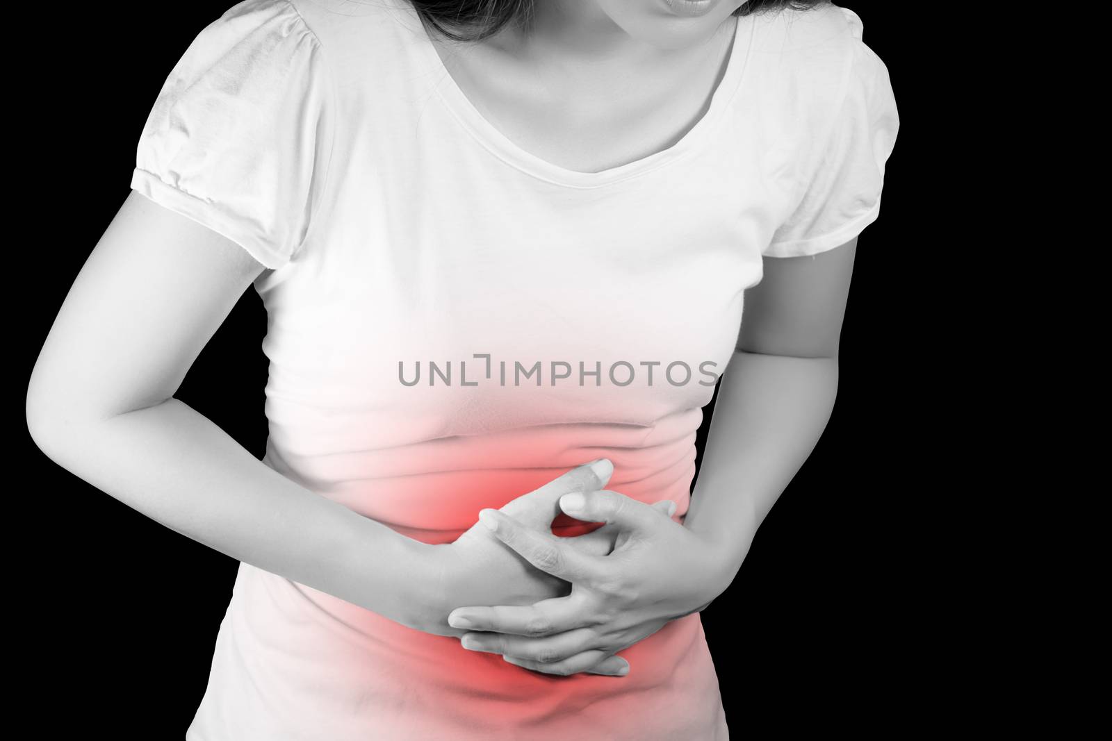 Woman suffer from stomachache or Gastroenterology. Concept with Healthcare And Medicine. Pain in red color. Isolate on black background with clipping path by asiandelight