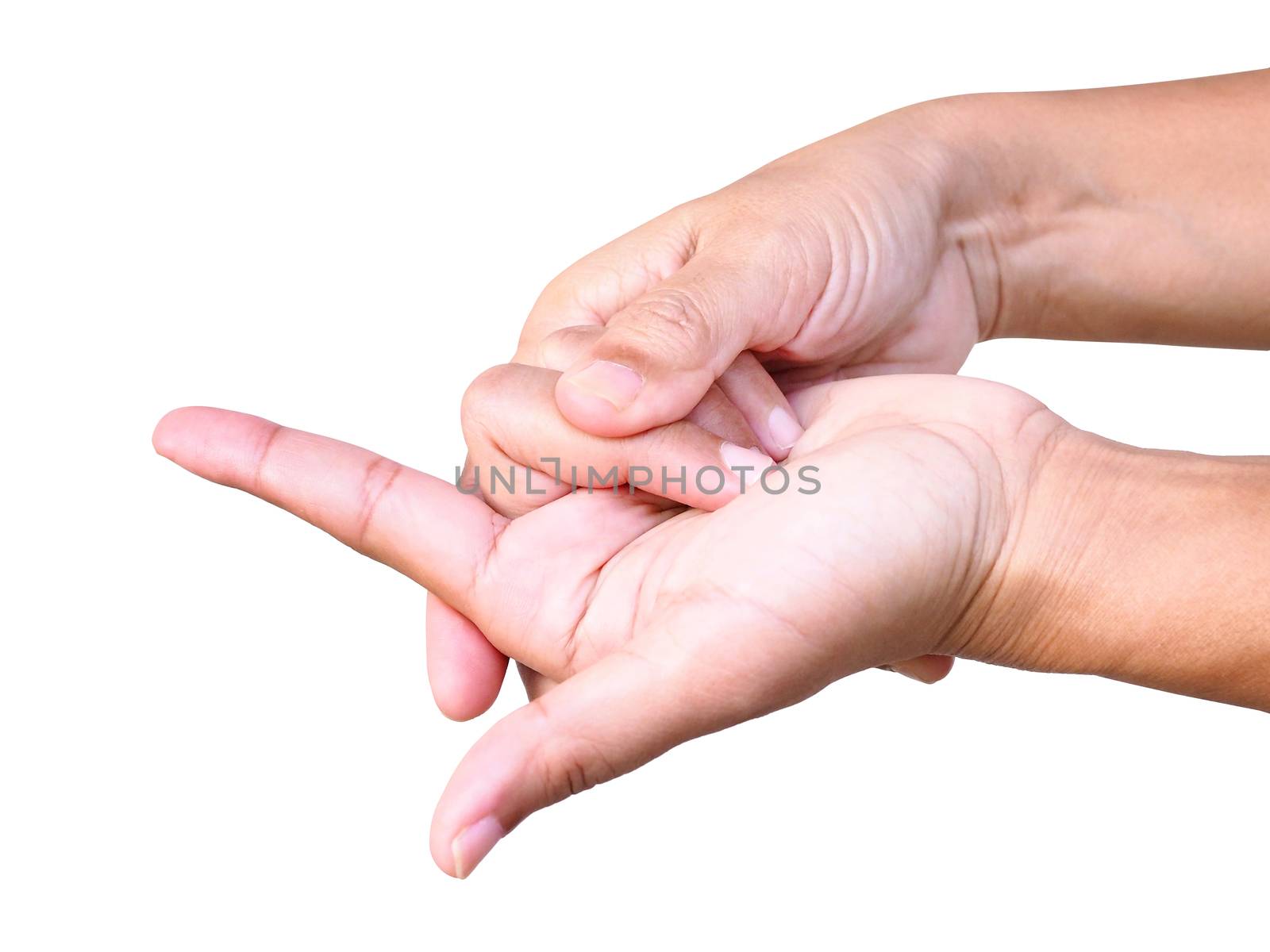 Close-up of adult Thai Asian hand with finger pain, Symptoms of disease trigger finger. isolated on white background with clipping path.