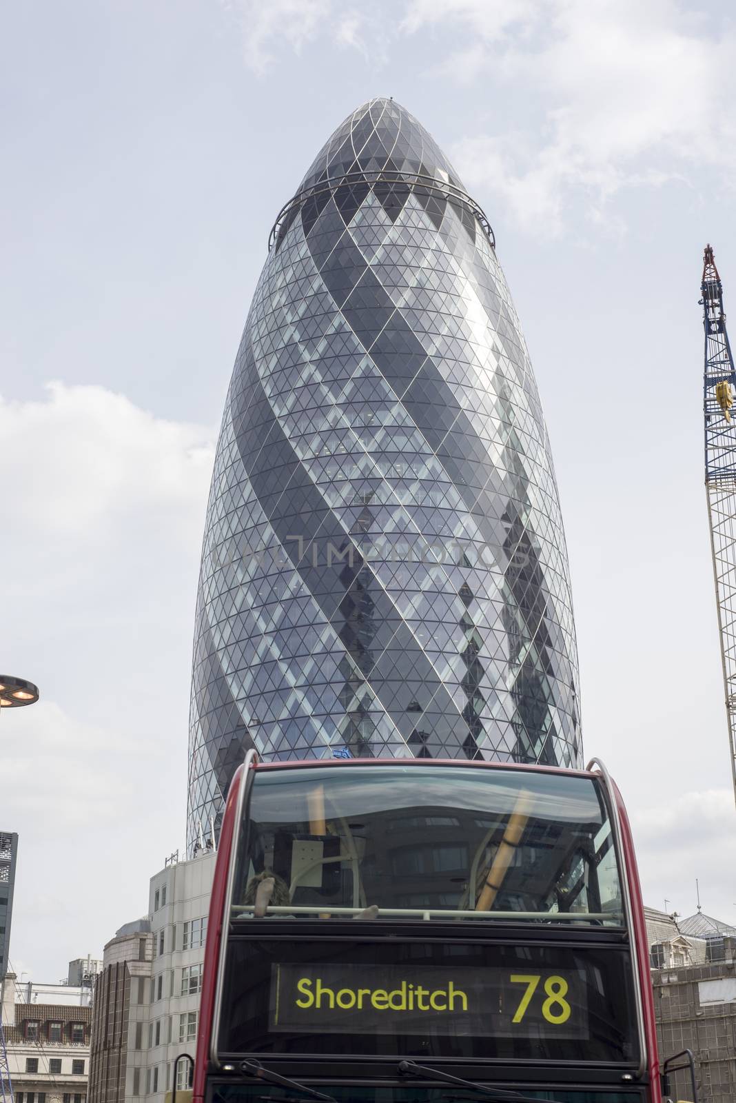 number 78 bus to shoreditch with the gherkin skyscraper by morrbyte