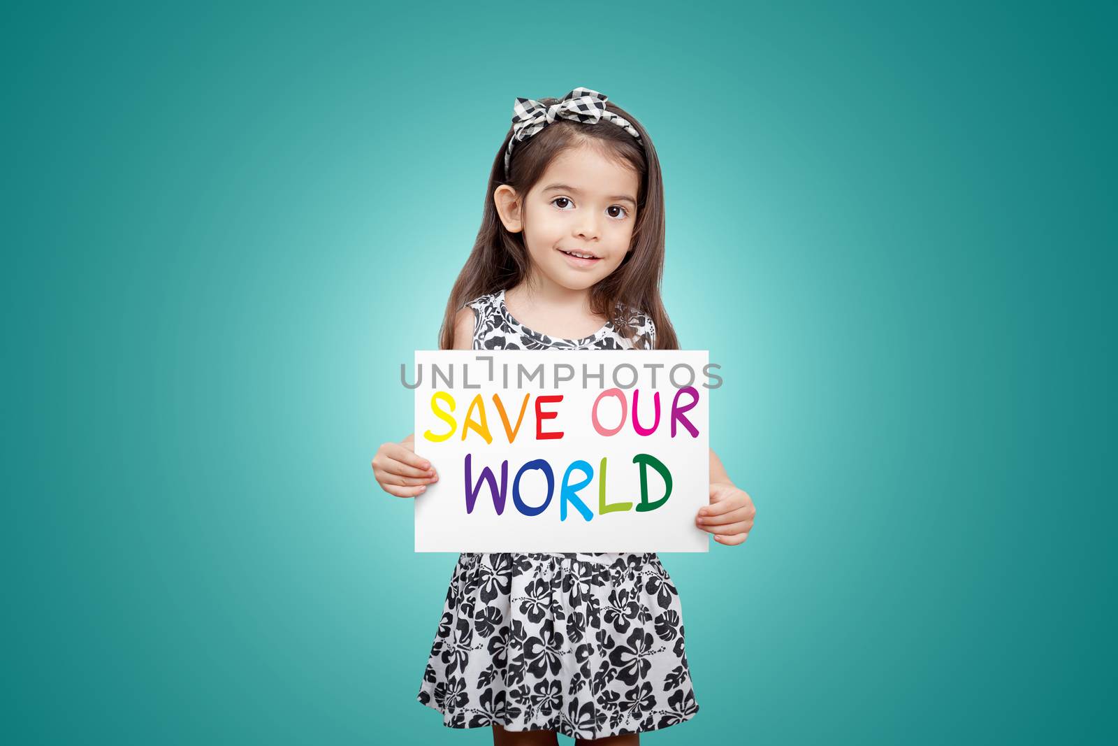 Save world save life save the planet, the ecosystem, green life concept. Little cute child girl with colorful sign save our world with green color background by asiandelight