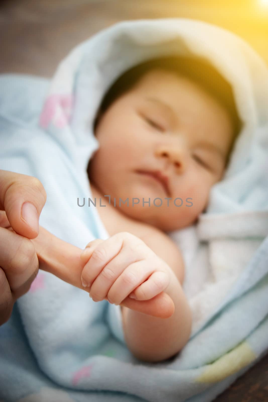 Concept of love and family relationship : close up newborn Asian baby hand hold round of mother finger with morning light, Asia baby portrait . by asiandelight