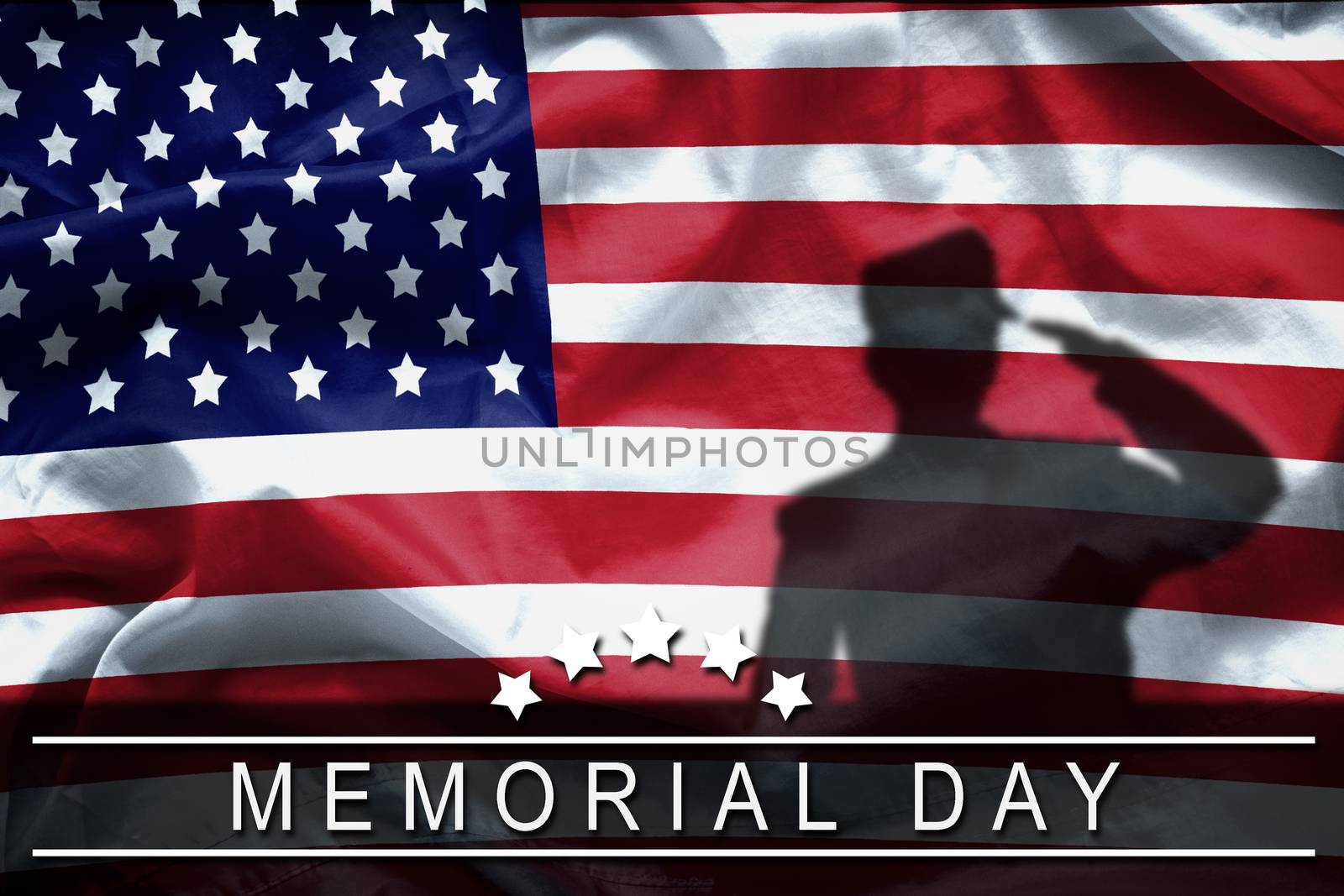 Happy Memorial Day greeting card, National american holiday. Memorial day background remember and honor , shadow of soldier on american flag with word Memorial day. by asiandelight