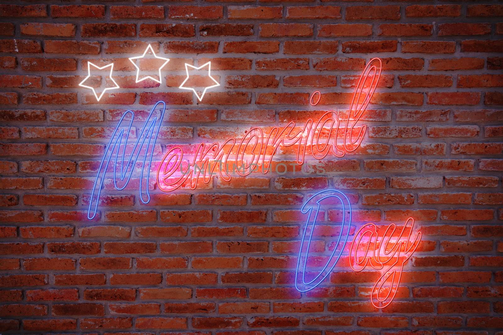 Happy Memorial Day greeting card, National american holiday. Memorial day background with red and blue neon night light letters and star on brick wall background in retro style.