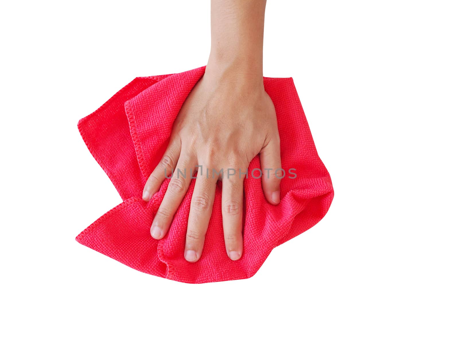 Use hands to wipe clean with towel isolated on white background with clipping path.