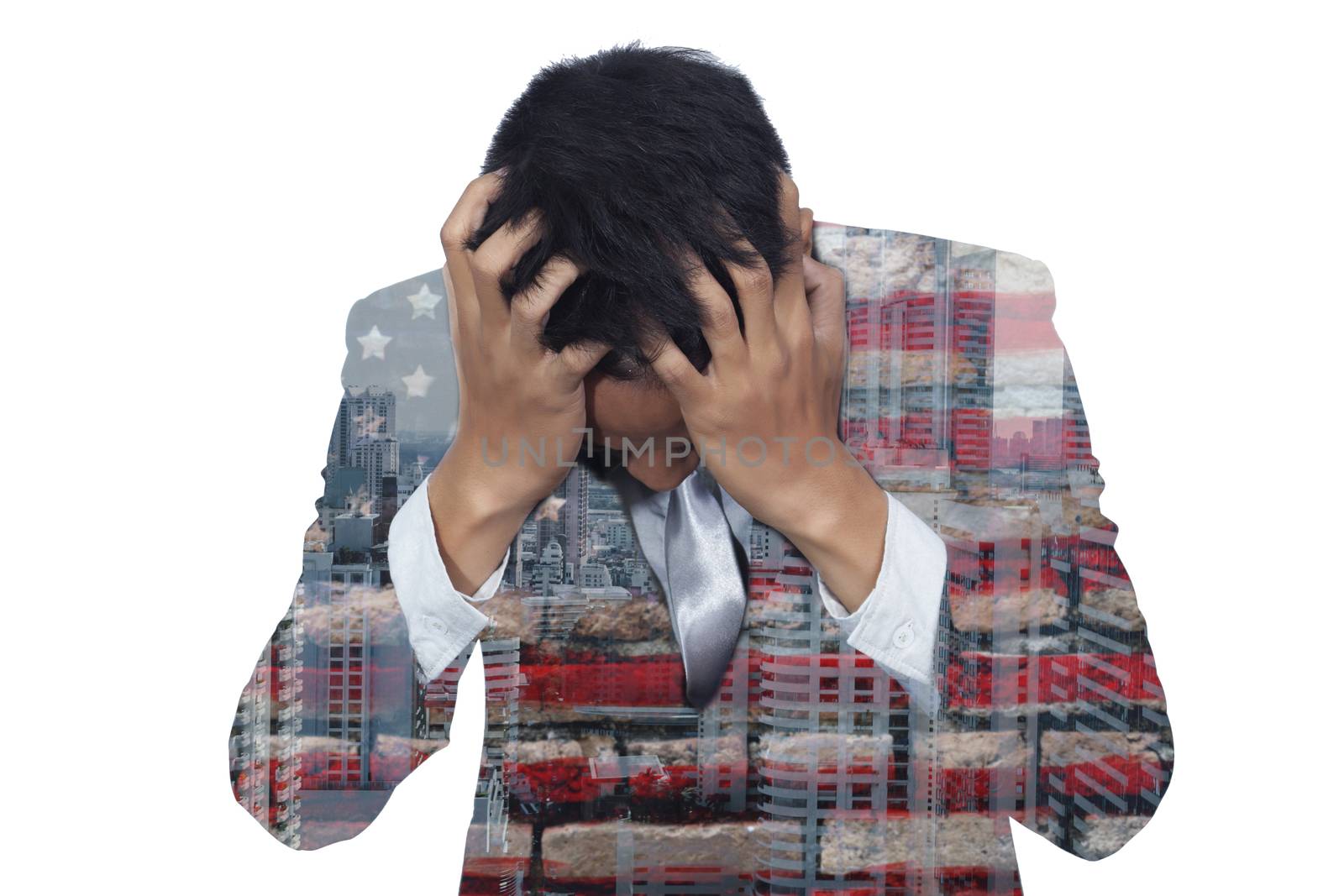 Abstract of stress businessman from work , anonymous face. Double exposure photo a business man and American flag by asiandelight