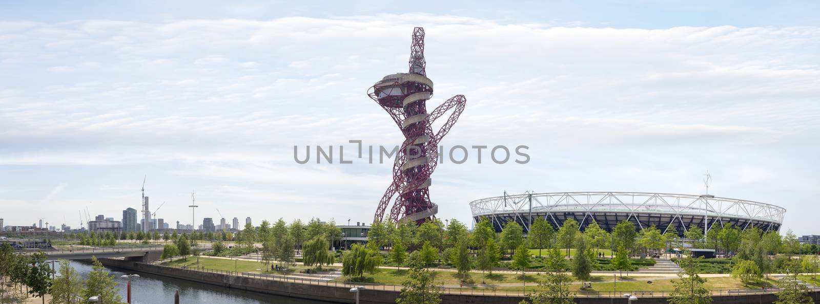 panorama of the olympic stadium and sculpture in stratford east london uk