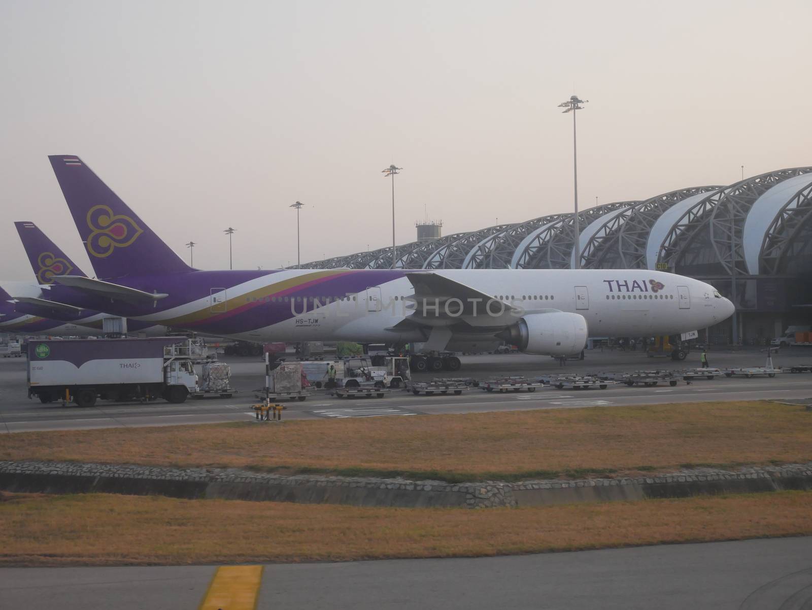 BANGKOK, THAILAND -12 MARCH 2017- Airplanes from Thai Airways (TG), the flag carrier of Thailand and a member of Star Alliance, are parked at their hub at the Suvarnabhumi Airport (BKK) in Bangkok. by asiandelight