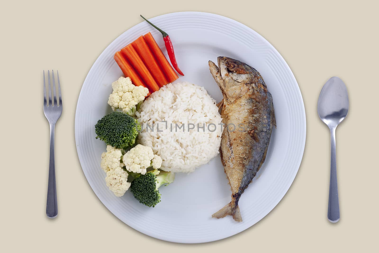 Healthy food concept : mackerel fish with different vegetable topping on rice , clean food by asiandelight