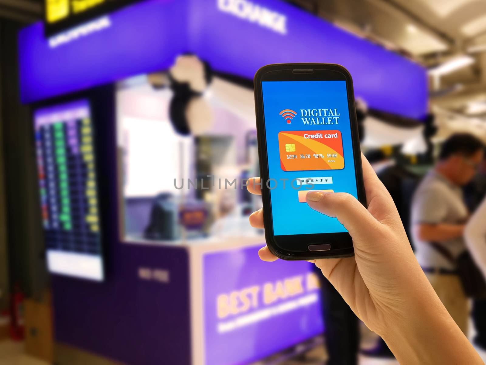 Ecommerce , smart pay, business and technology concept.Digital wallet application on mobile phone to pay for goods and services convenient and fast with blur booth money currency exchange background.