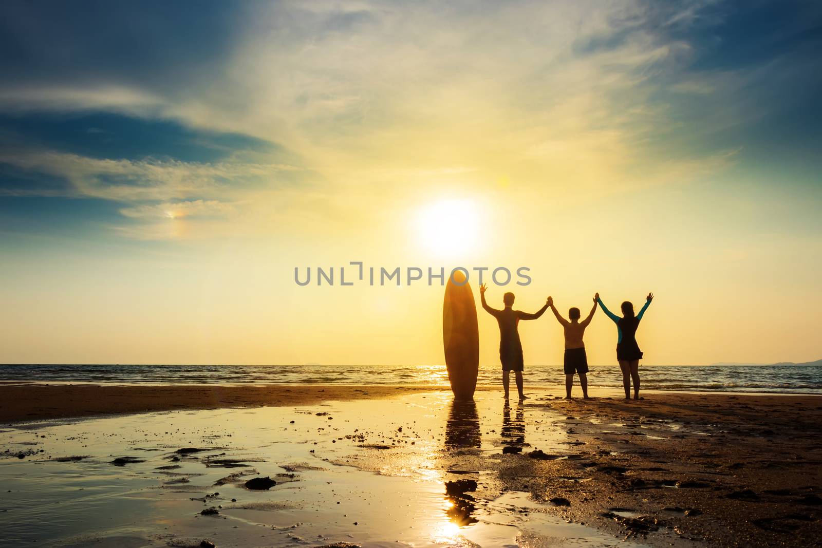 Silhouette of surf man happy friend group stand with surfboard, open arms. Surfing at sunset beach. Outdoor water sport adventure lifestyle.Summer activity. by asiandelight