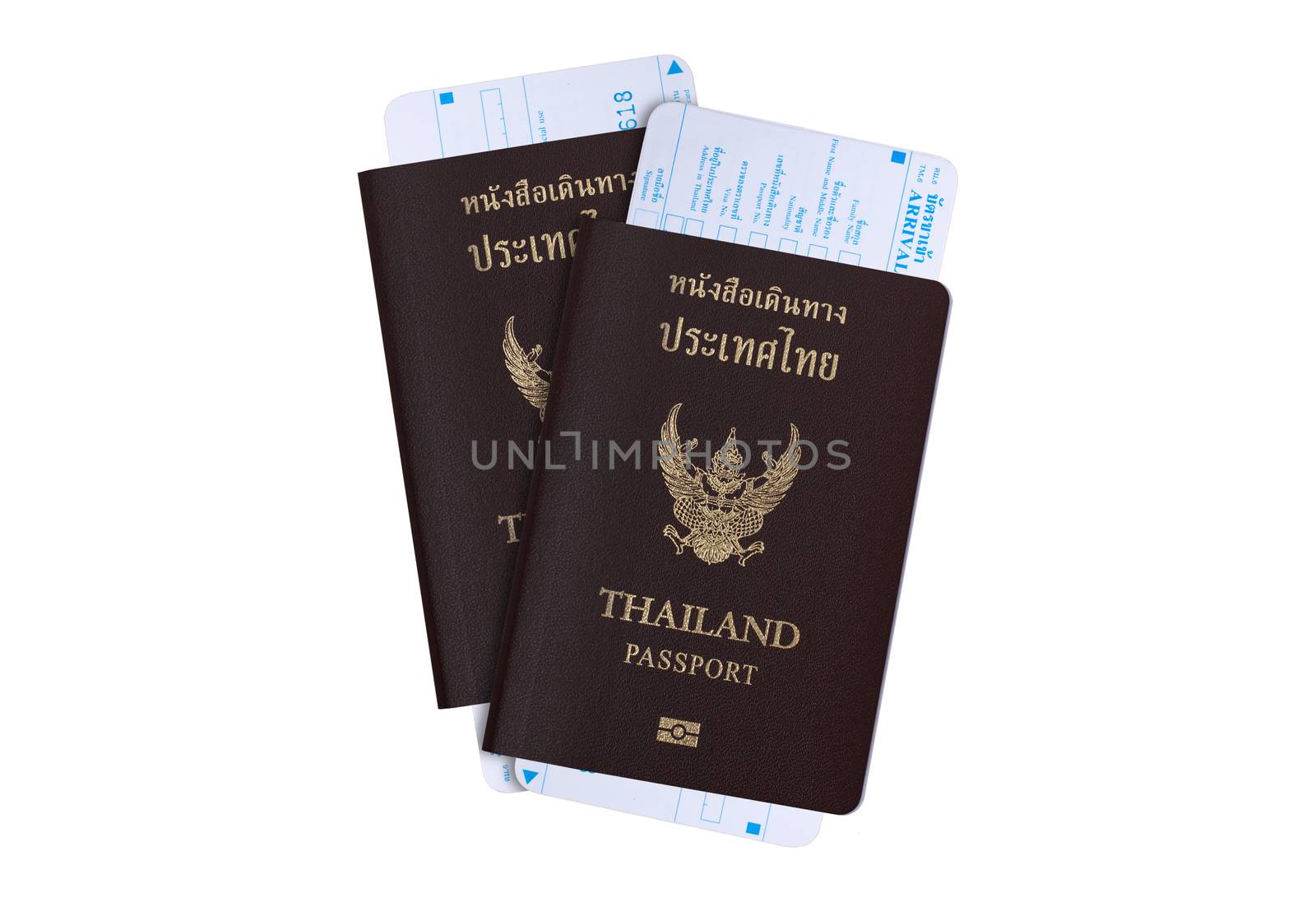 Tourist visa travel industry concept: Thailand passport for Thai population people with arrival and departure card from Thai immigration bureau, isolate on white background with clipping path by asiandelight