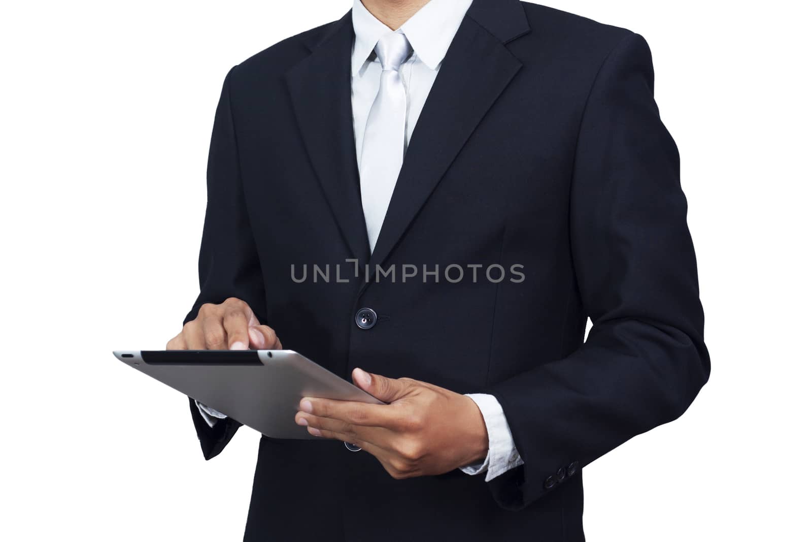 Asian businessman in suit formal wear using tablet computer isolated on white background with clipping path. Asia male model in his 30s