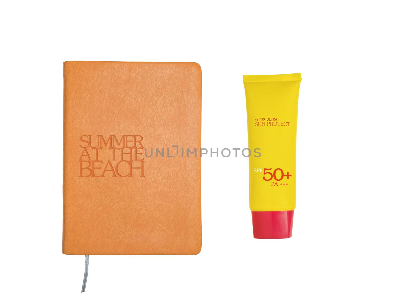 Summer accessories concept: Top view of summer accessories: book and sun uv protect lotion in yellow and orange tone isolated on white background with clipping path by asiandelight