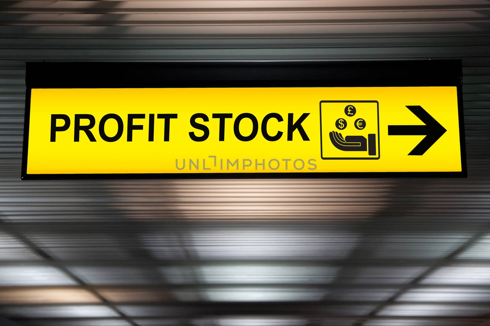 Business financial investment concept :stock money profit yellow sign with icon and arrow by asiandelight