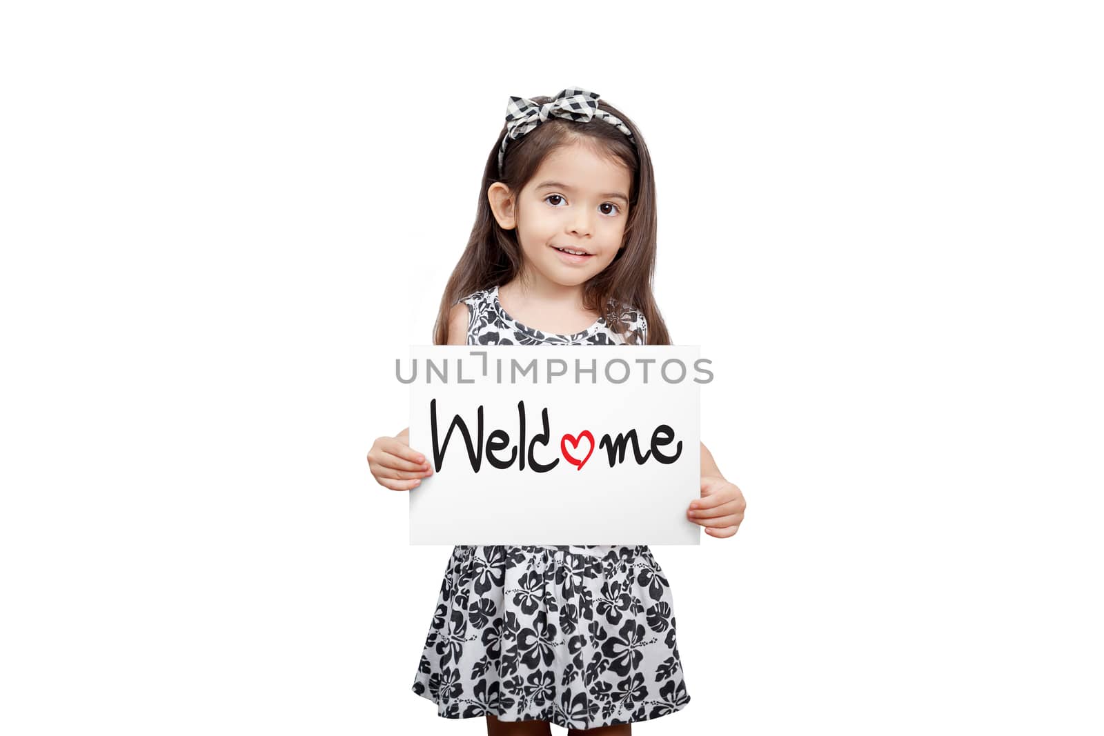 Business welcome concept, Cute girl holding a welcome sign standing on white background. Cute mixed race girl half Thai, half English model 3 years old.