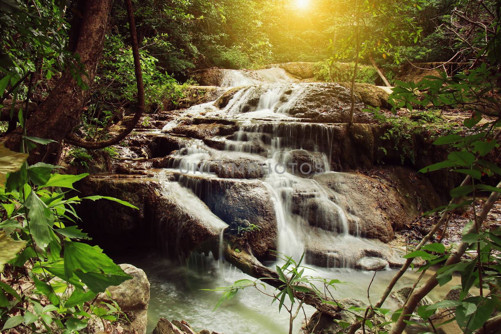Landscape photo, Erawan Waterfall, beautiful waterfall in rainforest at Kanchanaburi province, Thailand