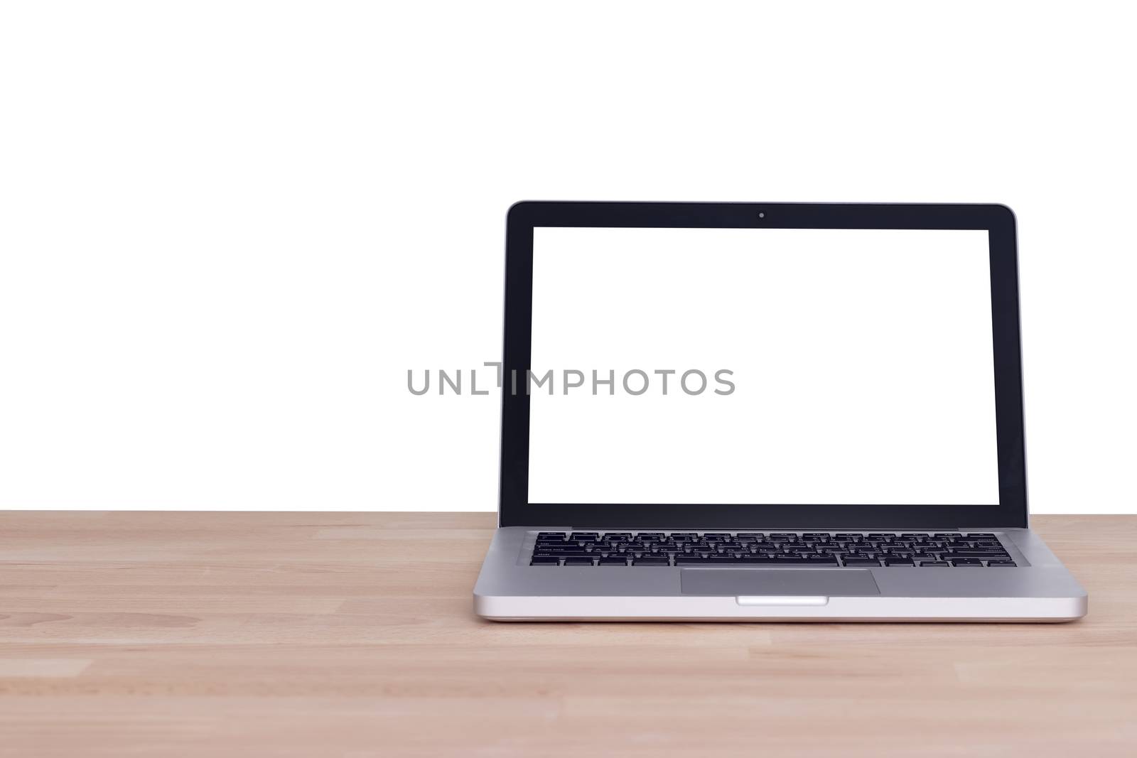 Computer notebook laptop with blank white screen monitor on wood table, Isolated on white background with clipping path