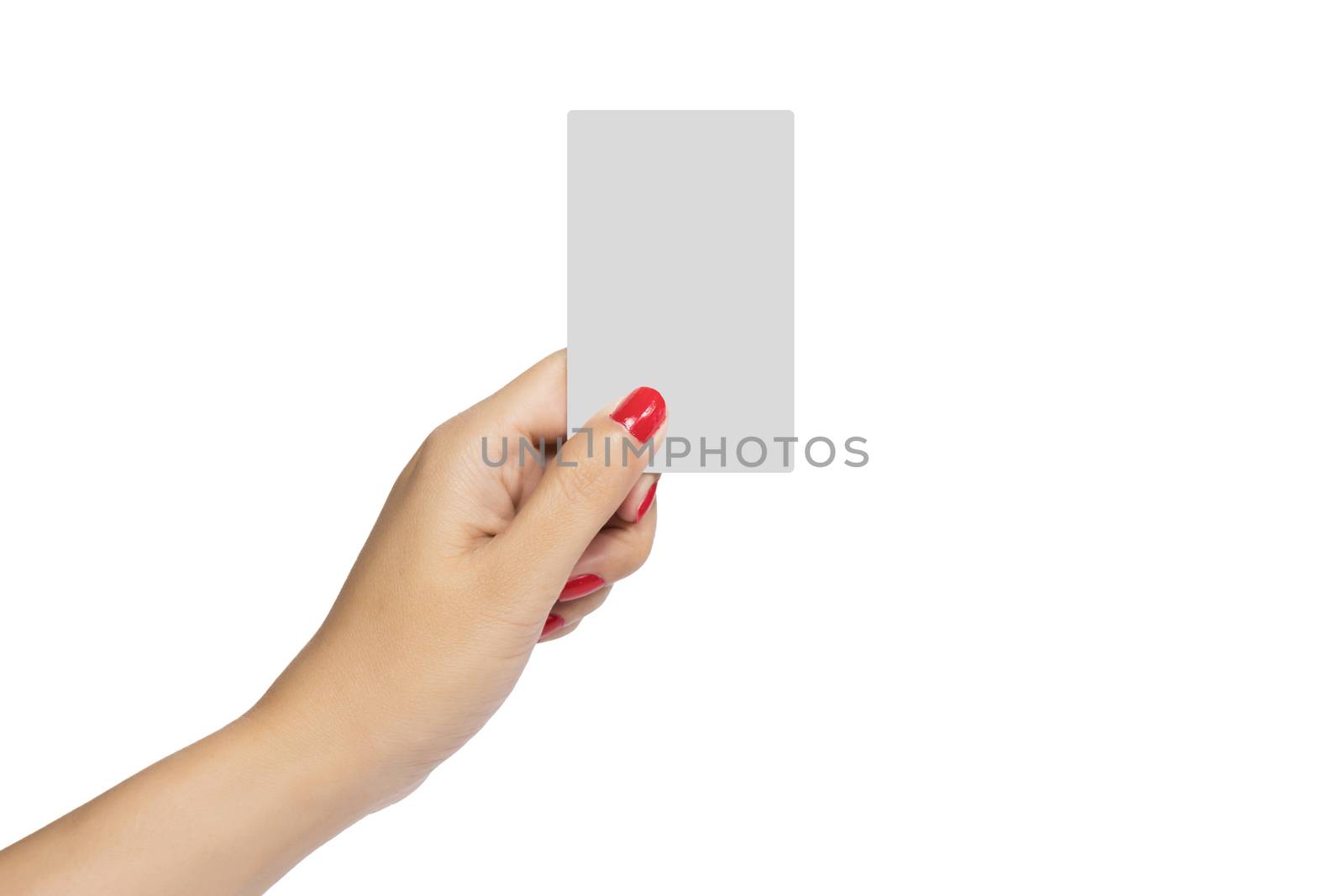 Woman hand with red nail hold blank business card mock up for copy space isolate on white background with clipping path