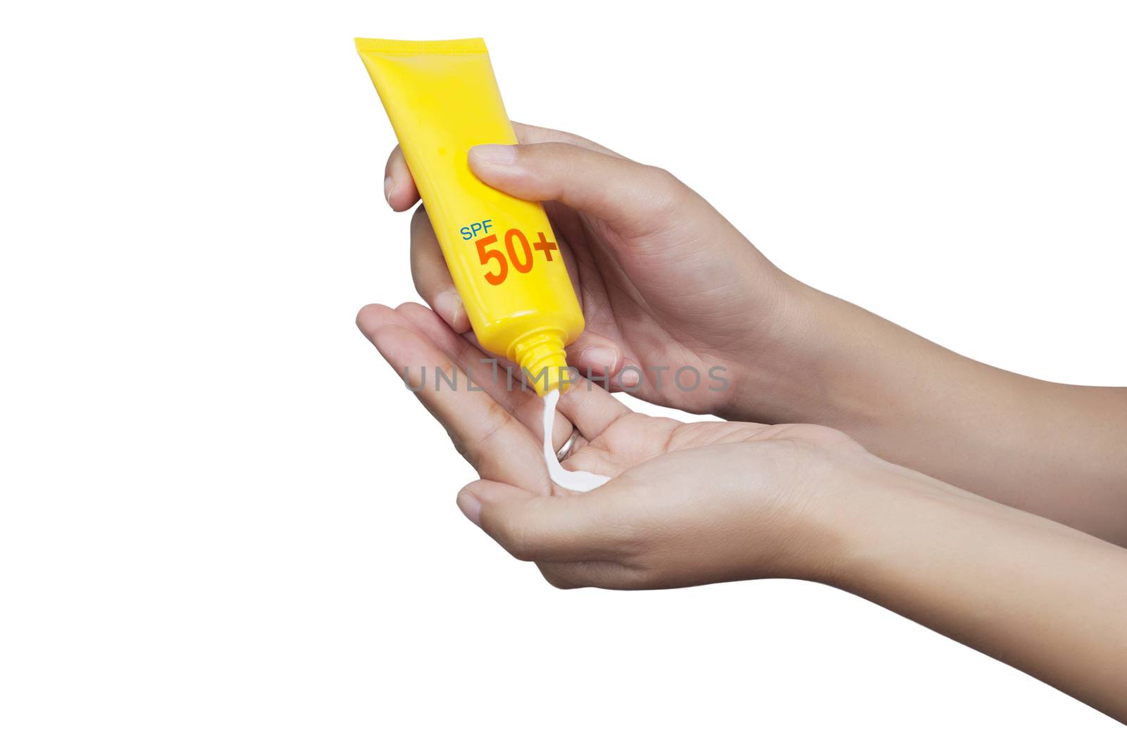 woman applying sunscreen on her hand isolate on white background with clipping path. SPF 50 and PA sunblock protection concept. Travel vacation