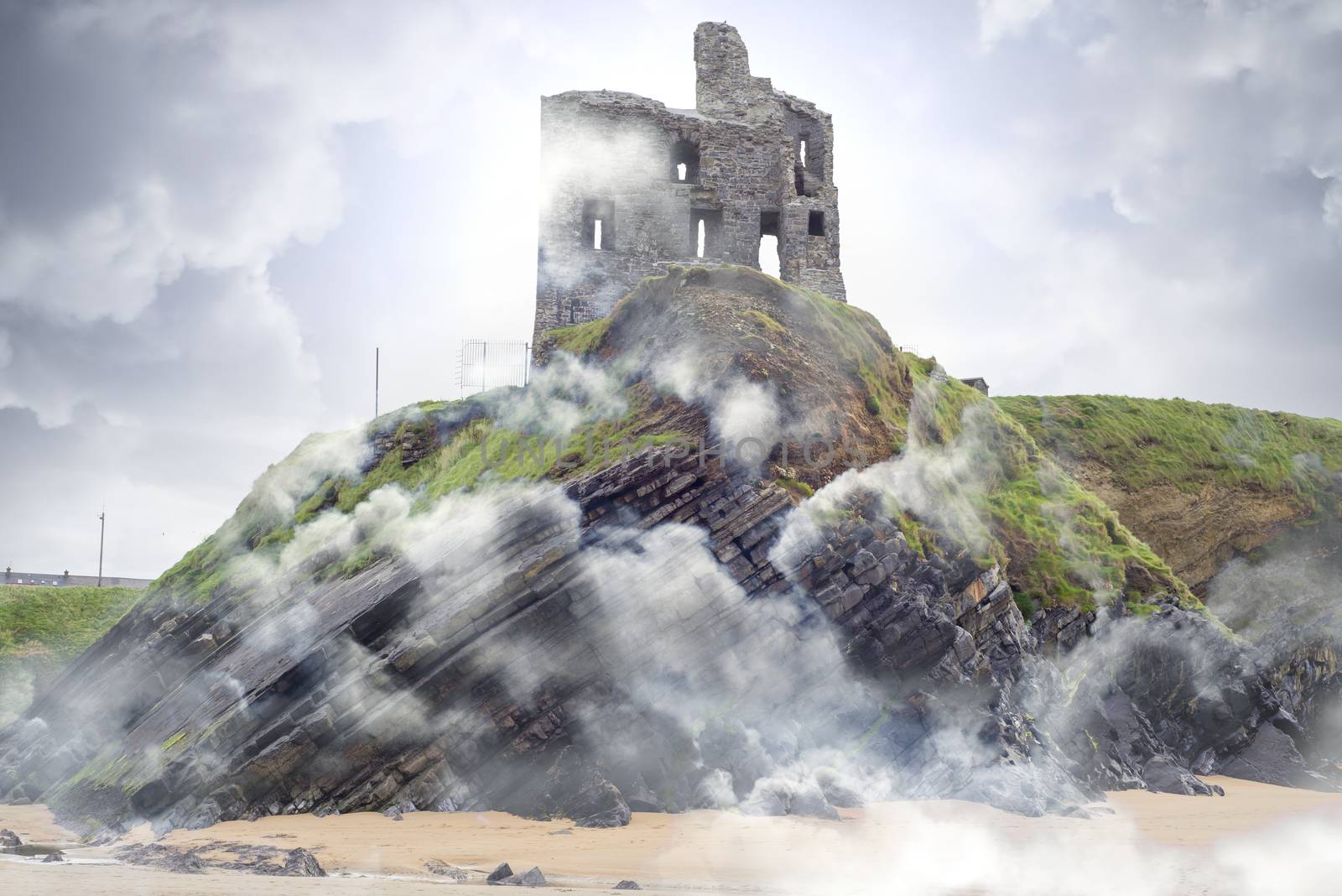 Ballybunion castle ruins in foggy mist by morrbyte