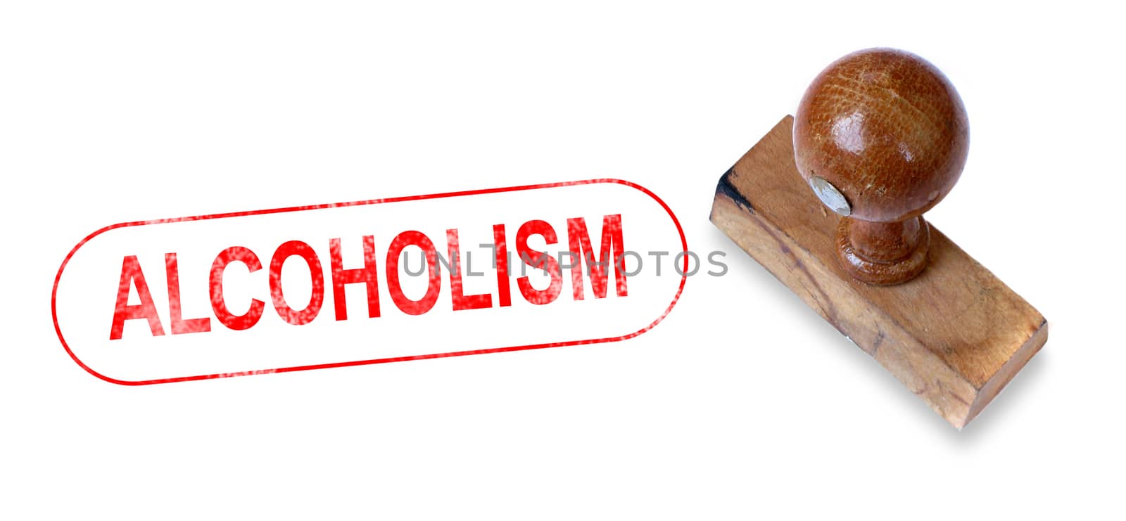 Top view of a rubber stamp with a giant word "ALCOHOLISM" printed, isolated on white background.