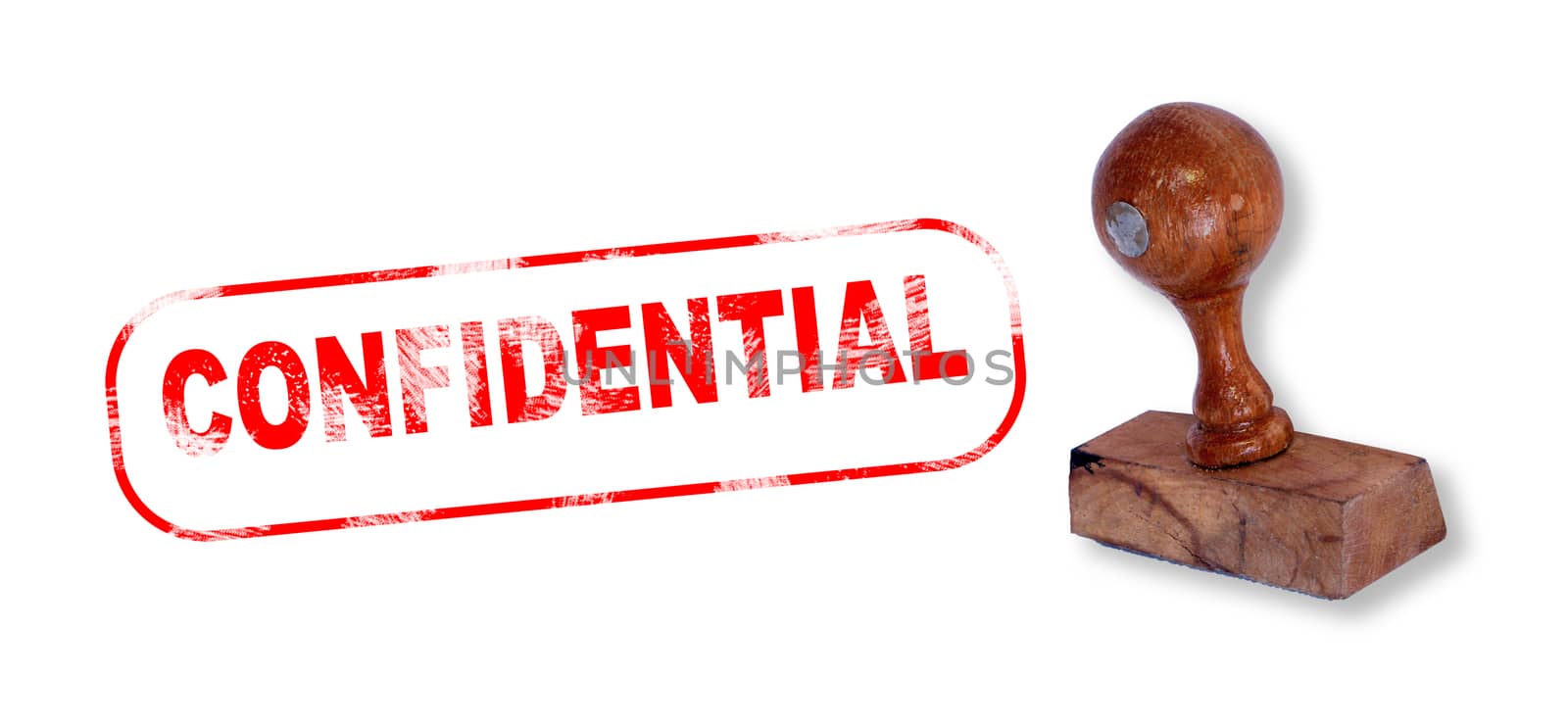 Top view of a rubber stamp with a giant word "CONFIDENTIAL" printed, isolated on white background.