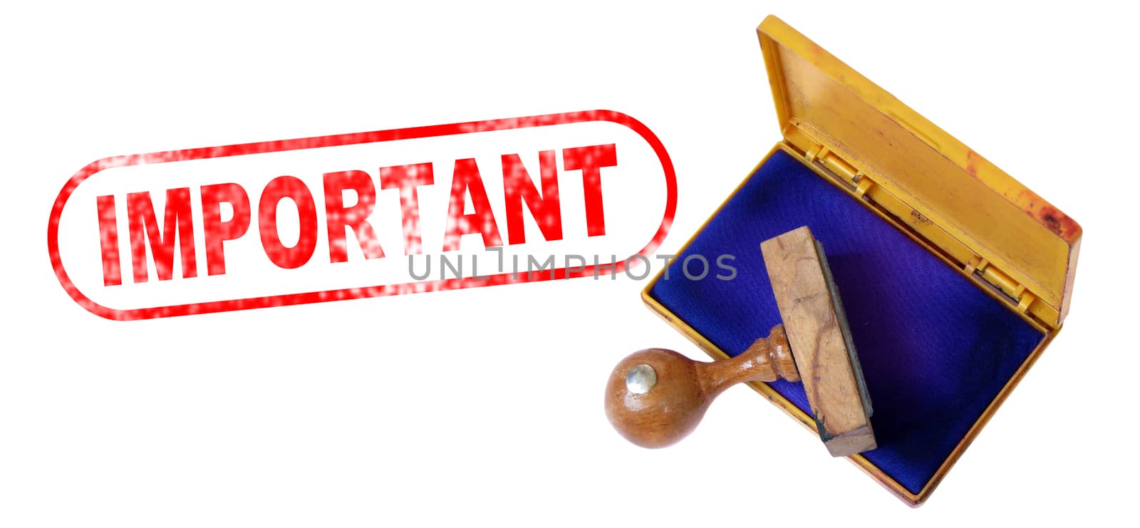 Top view of a rubber stamp with a giant word "IMPORTANT" printed, isolated on white background.