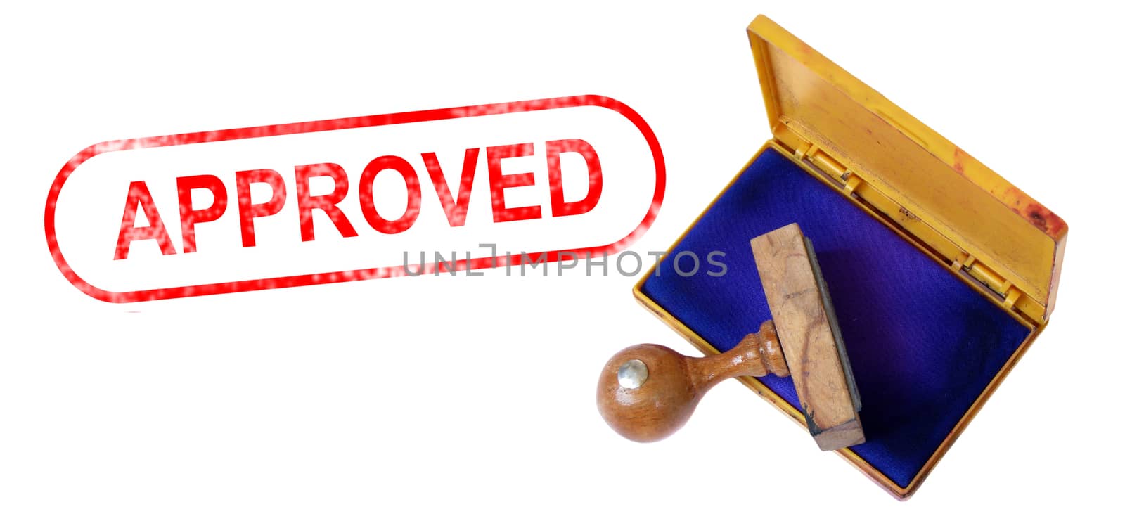 Top view of a rubber stamp with a giant word "APPROVED" printed, isolated on white background.