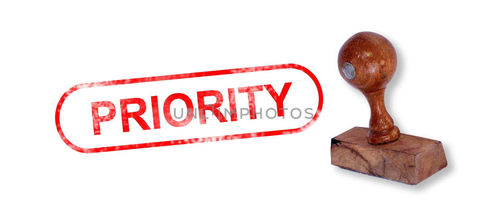 Top view of a rubber stamp with a giant word "PRIORITY" printed, isolated on white background.