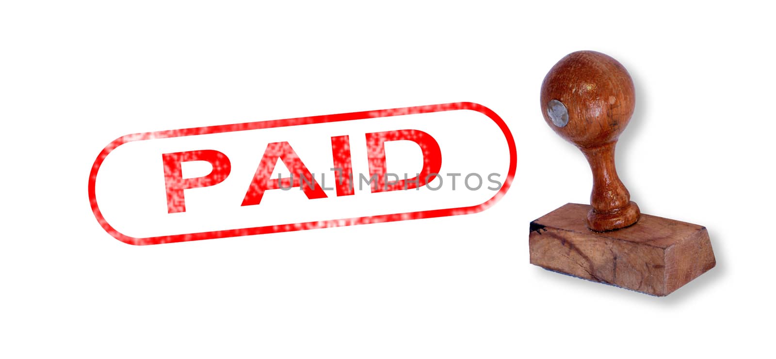 Top view of a rubber stamp with a giant word "PAID " printed, isolated on white background.