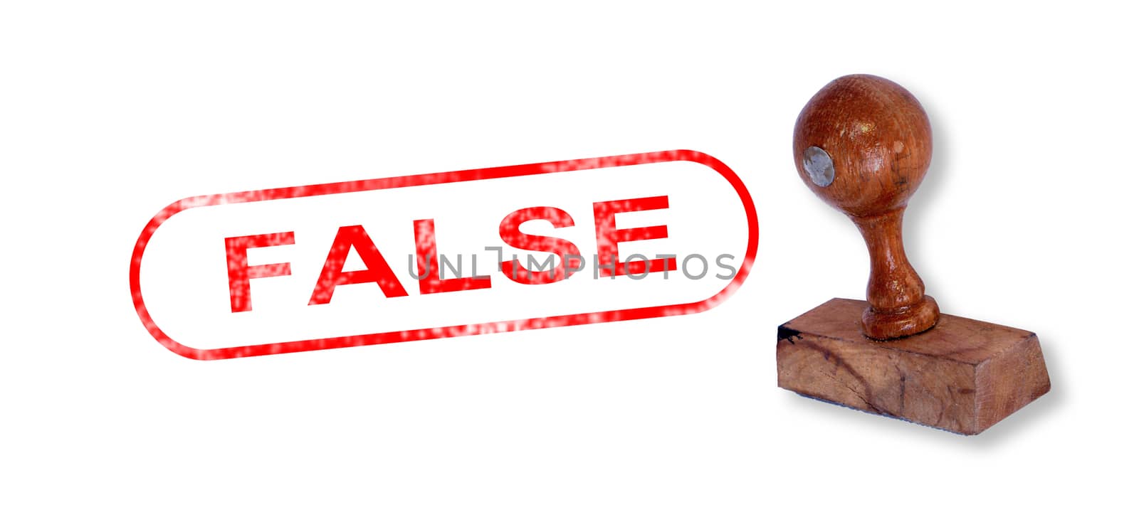 Top view of a rubber stamp with a giant word "FALSEL" printed, isolated on white background.