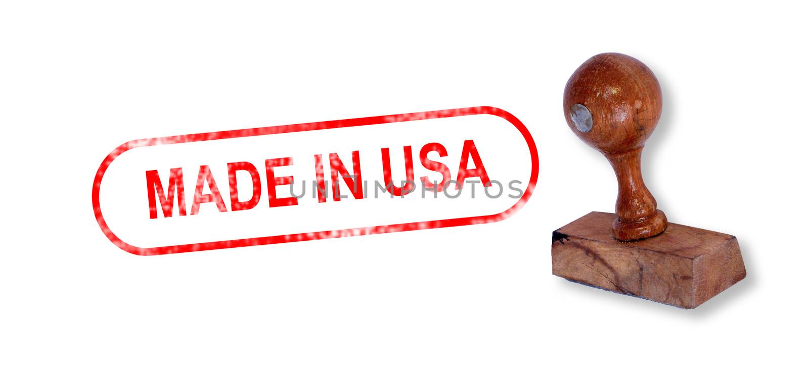 Top view of a rubber stamp with a giant word "MADE IN USA" printed, isolated on white background.
