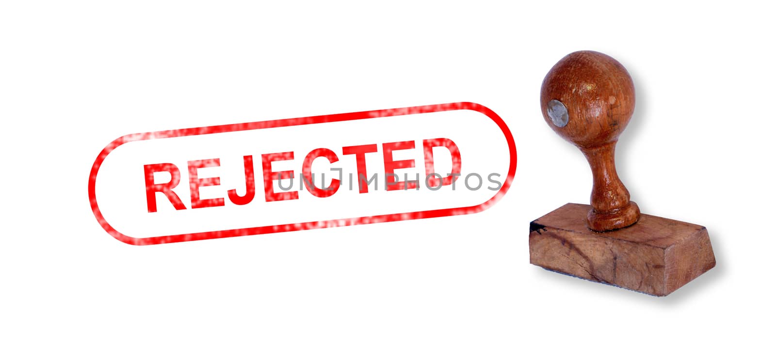 Top view of a rubber stamp with a giant word "REJECTED" printed, isolated on white background.