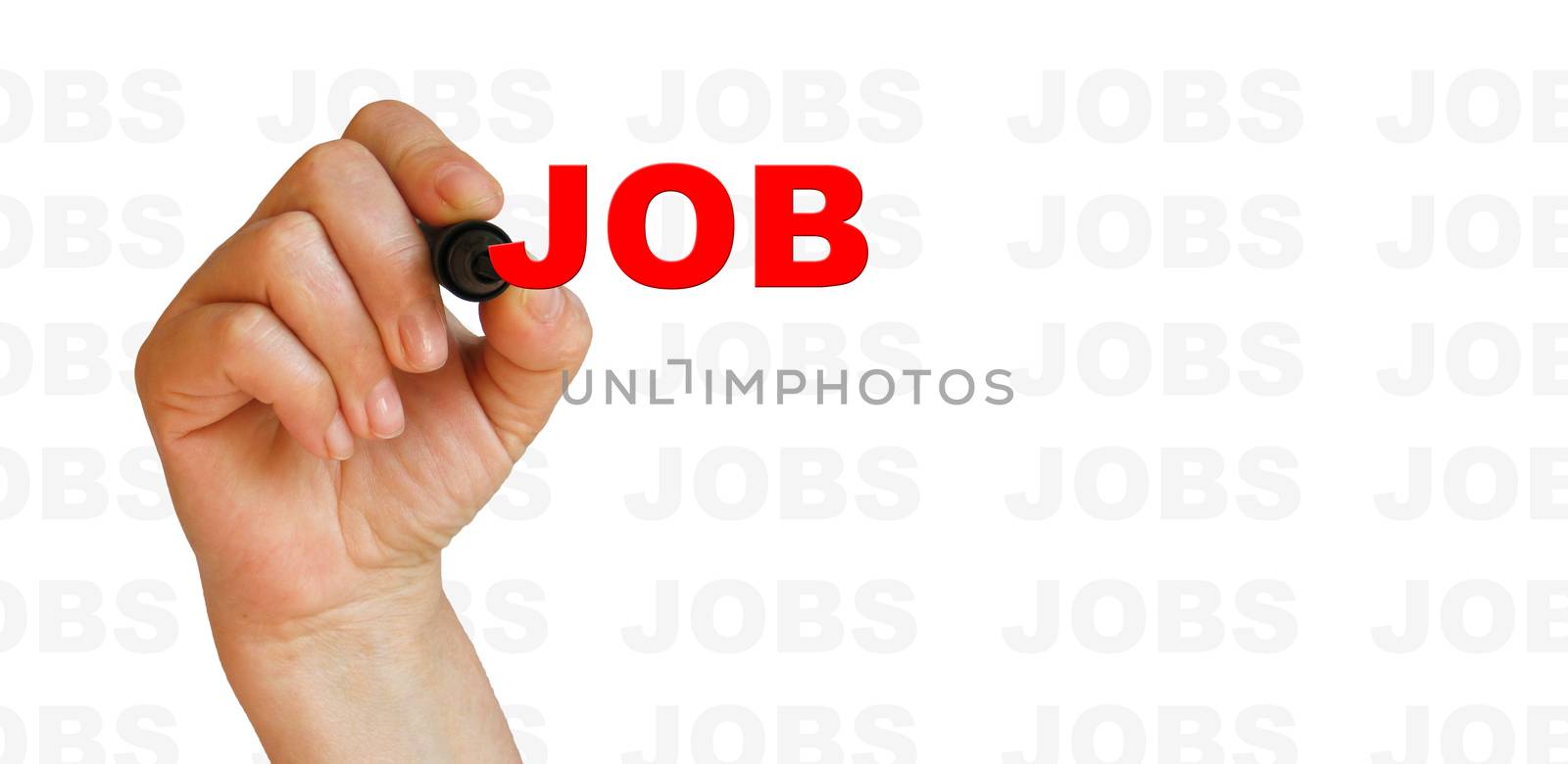 Hand writing Job with red marker on white background  with words jobs